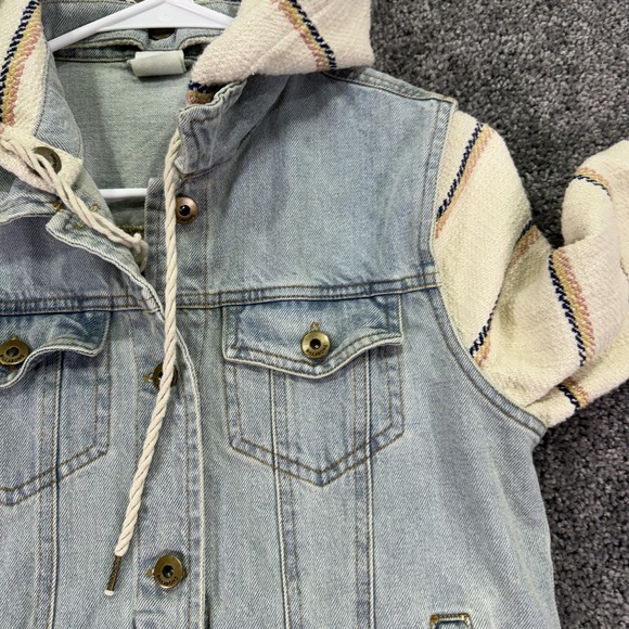 Billabong Jacket Womens Medium Blue Denim Hooded Striped Sleeves Boho Casual - Picture 9 of 14